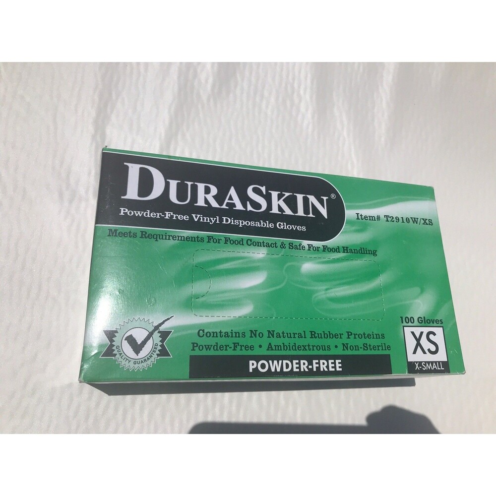 DuraSkin 2904W XS Green 6.5mil Vinyl Disposable Exam Gloves, 100/PK